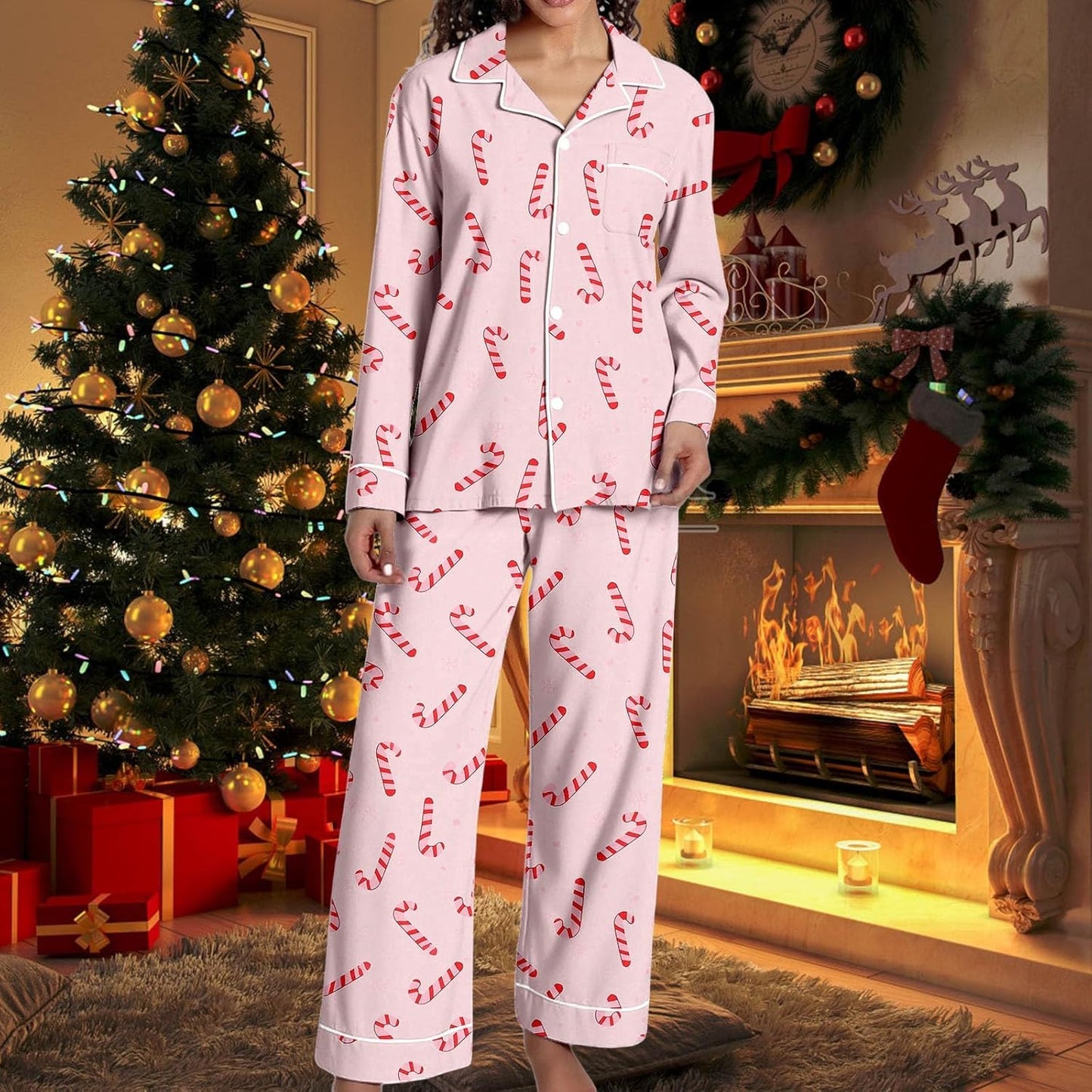 Christmas Pajamas for Women,Button up Long Sleeve Pajama Set Casual Soft Cute Xmas Print Pjs Sleepwear 2025