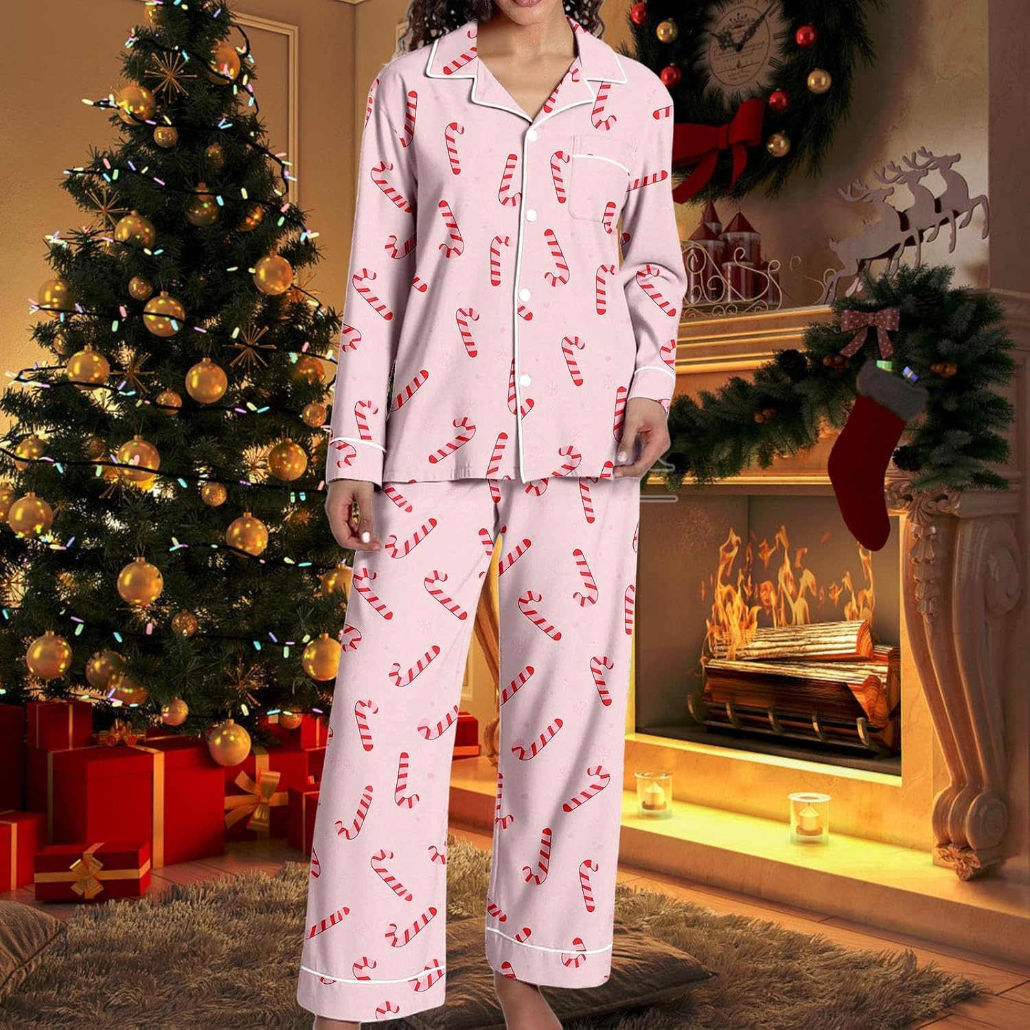 Christmas Pajamas for Women,Button up Long Sleeve Pajama Set Casual Soft Cute Xmas Print Pjs Sleepwear 2025