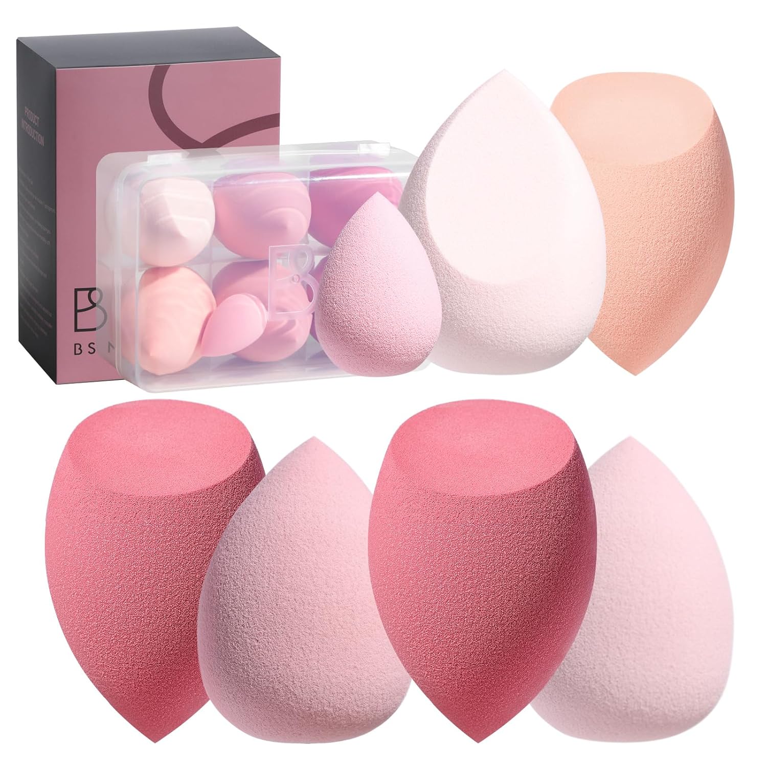 Makeup Sponge Set BS-MALL with Storage Case 7 Pcs for Liquid, Cream, and Powder, Foundation with 1 Mini Makeup Sponge Pink (A-Pink）