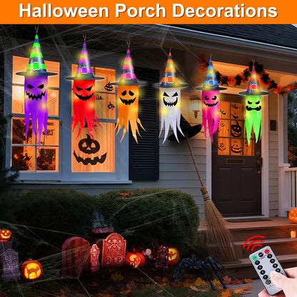 Halloween Decorations 6 Pcs Lighted Hanging Witch Hat Ghosts, 8 Modes Remote Control, 13 FT Long Halloween String Lights Holiday Decor for Indoor Outdoor Yard, Lawn, Scary Theme Party
