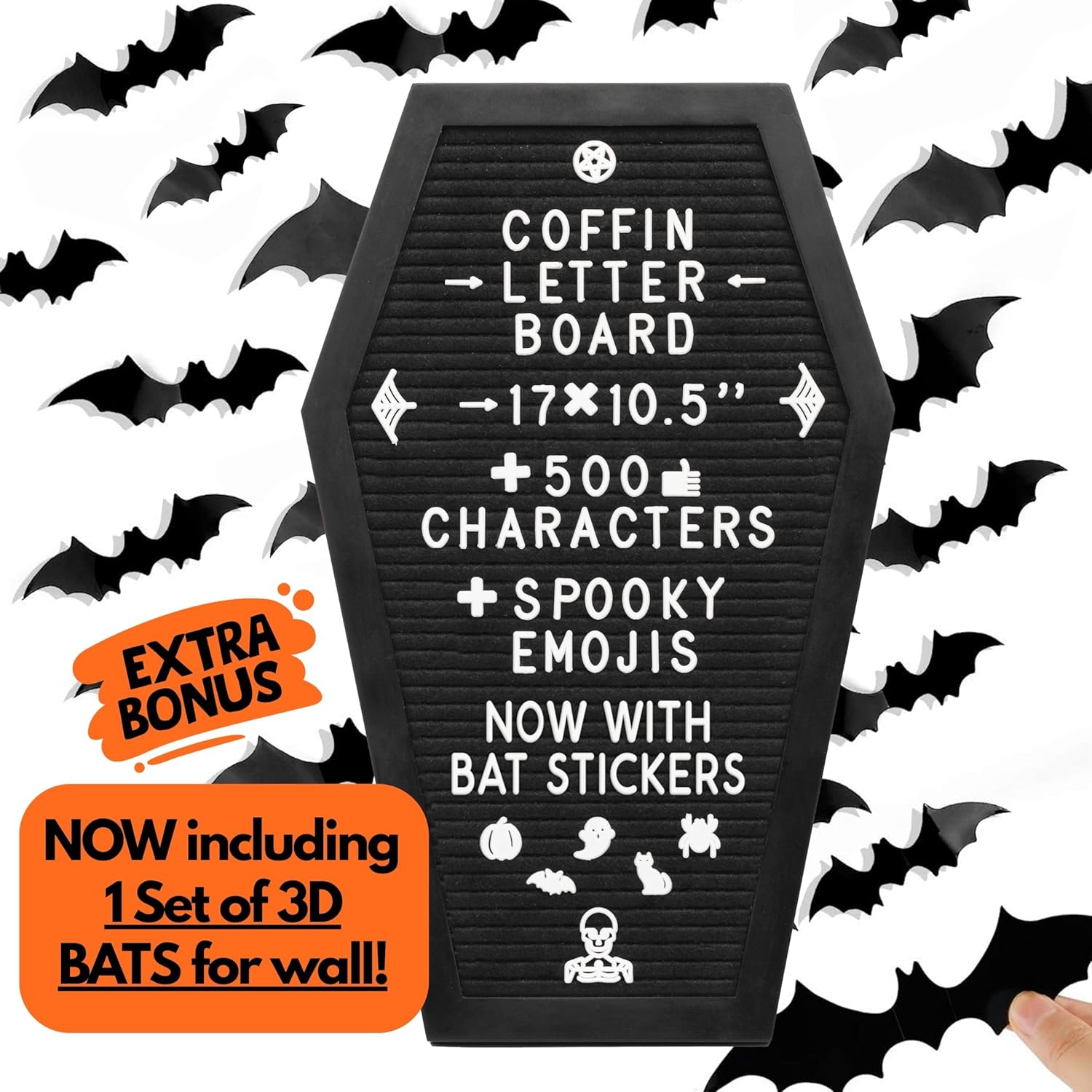 Coffin Letter Board Black +3D Bat Stickers +650 Characters, Spooky & Seasonal Emojis, Wooden Stand - 17x10.5 Inches - Coffin Shaped Goth Decor Sign Witchy Halloween Decorations Gothic Decor Birthday Wedding Home Spooky Gifts