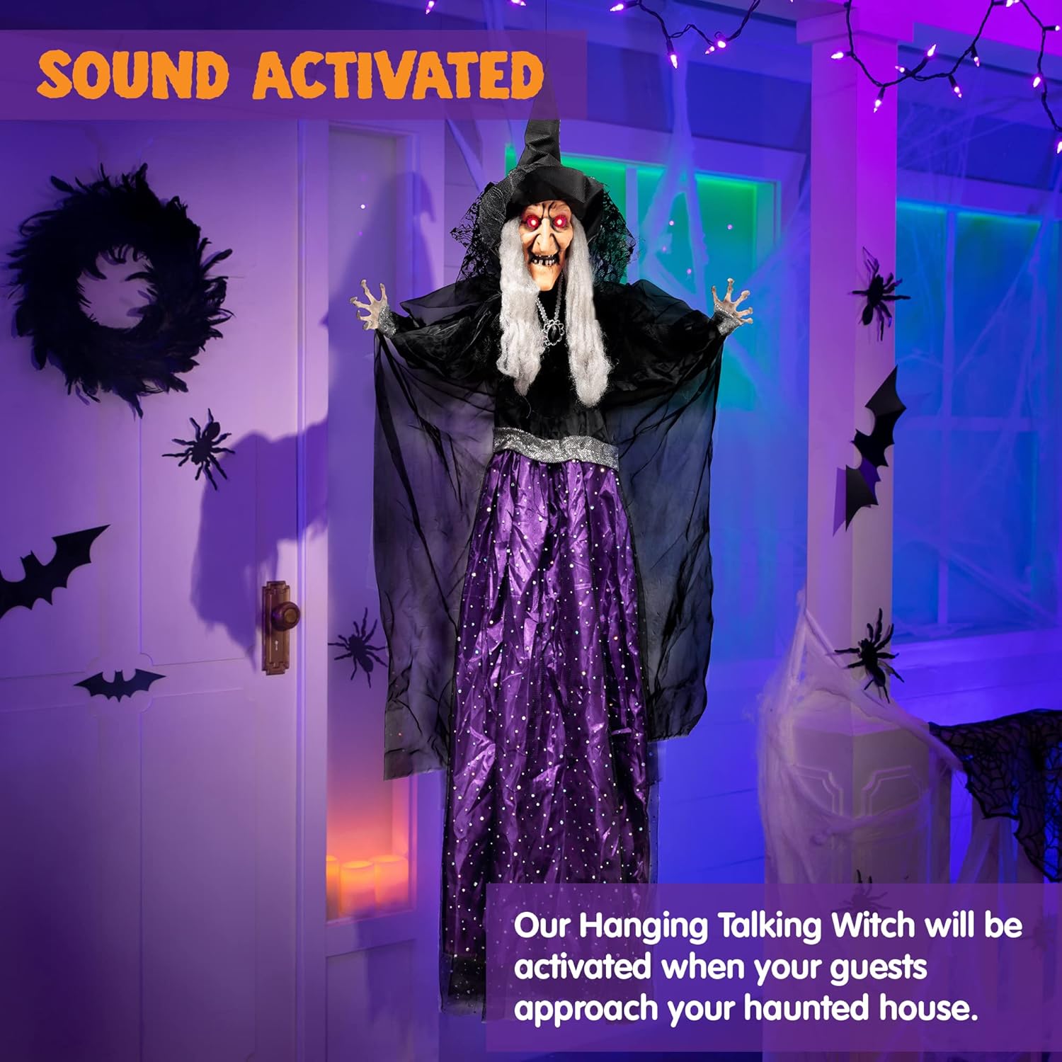 JOYIN 47” Animated Witch Halloween Decorations Outdoor Indoor, Scary Halloween Animatronics Decor, Hanging Ghost Talking Sound Activated Led Lights Eyes Haunted House Yard Garden Lawn