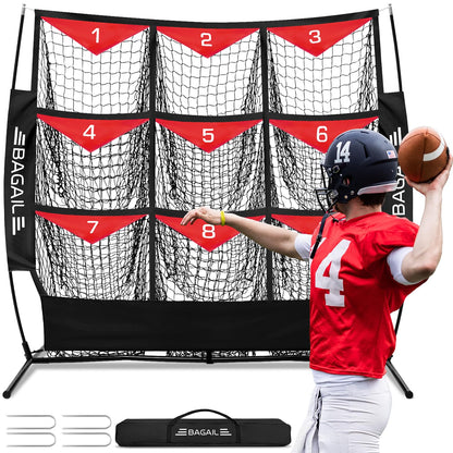 BAGAIL Football Throwing Net - 9 Target Pockets, Easy Setup, Heavy-Duty - Portable QB Accuracy Trainer, Fun Target Practice Net for Football with Carry Bag