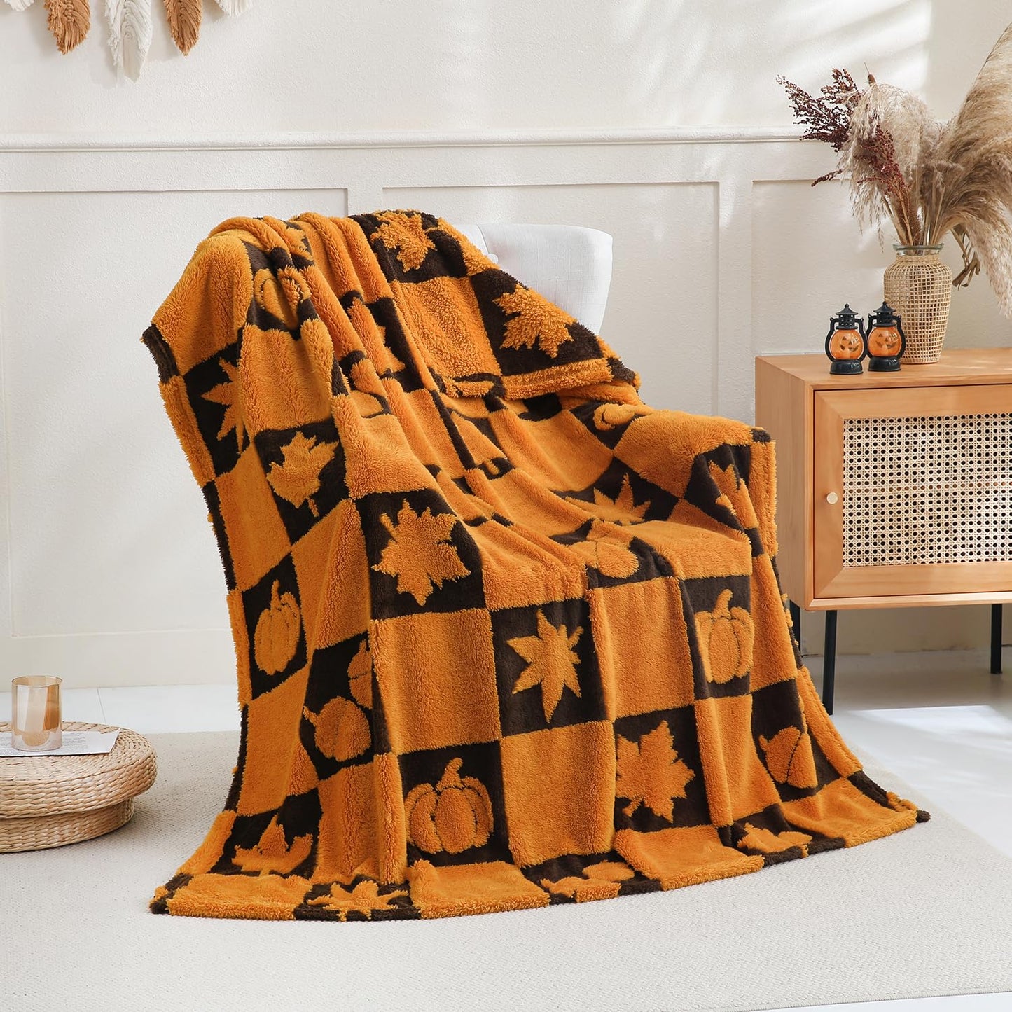 SOCHOW Halloween Jacquard Throw Blanket, Fuzzy Soft Cozy Warm Pumpkin Ghost Fall Decor Holiday Blanket for Couch, Sofa and Bed, 50 x 60 Inches, Orange/Black