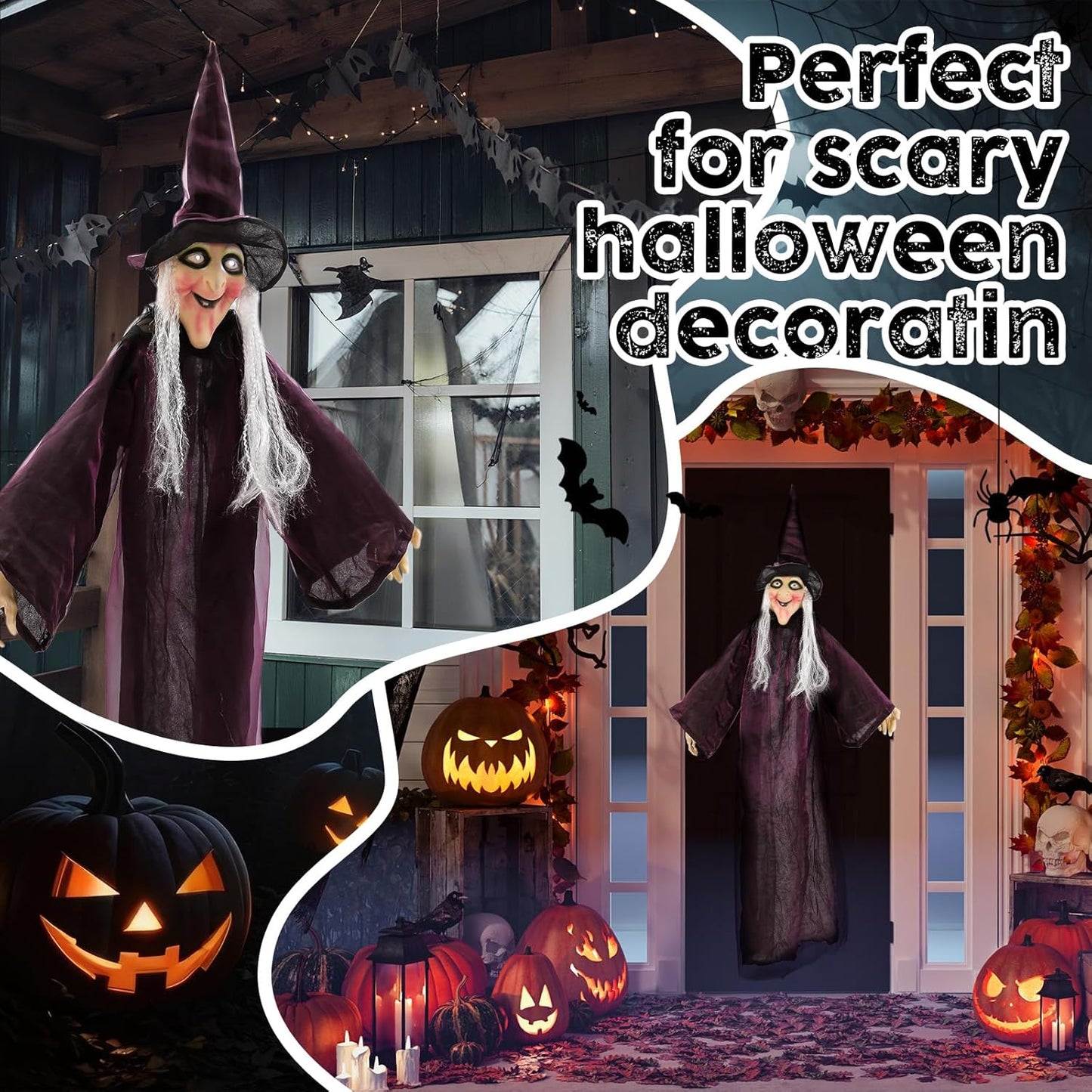 3 Pcs 71" Halloween Hanging Witch Decorations Set LED Large Outdoor Ghost with Cauldron, Sound Activated Talking Animated Prop with Broom, Tripod Outdoor Halloween Decor for Yard Lawn Garden