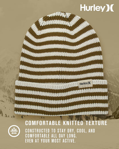 Hurley Women's Billie Beanie Hat - Medium Fit Cable Knit with Jacquard Stripes and Cuff - Winter Hats for Women