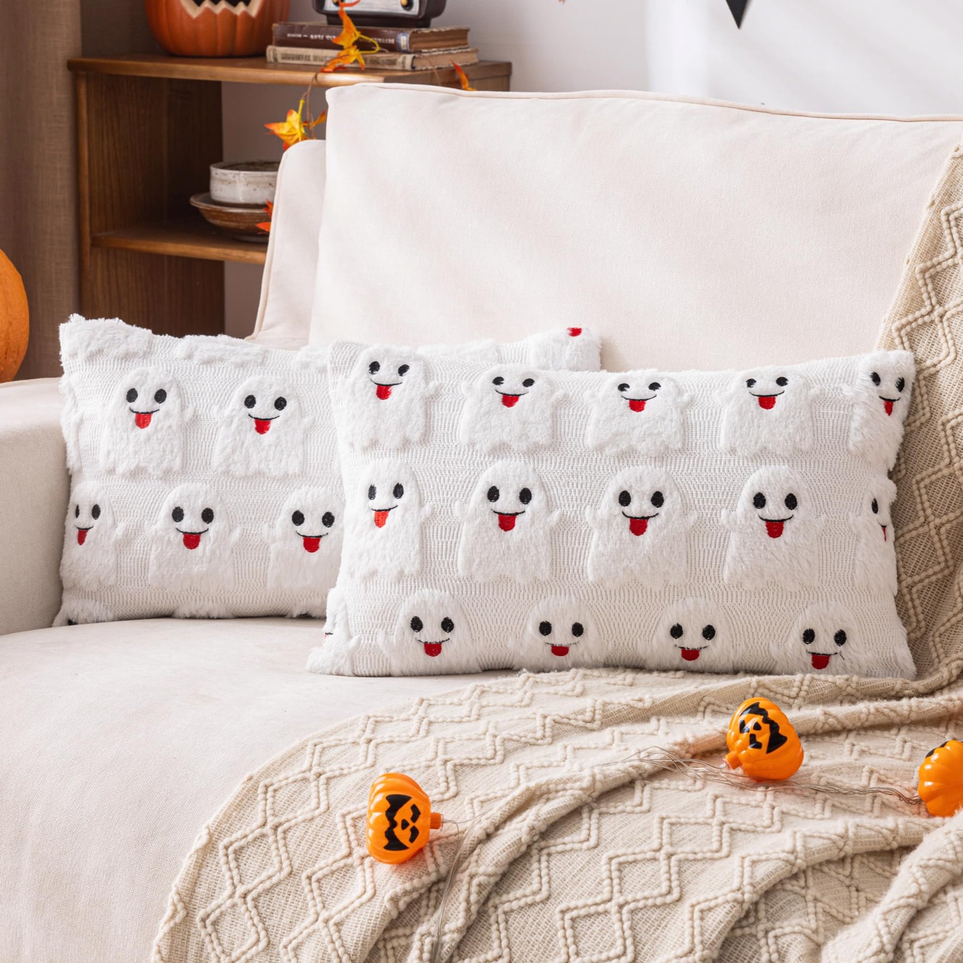 AQOTHES Halloween White Smile Ghost Throw Pillow Covers 18x18 inch Set of 2, Cute Skeleton Pillowcases Holiday Cushions Covers for Halloween Decorations Indoor Home Sofa Couch