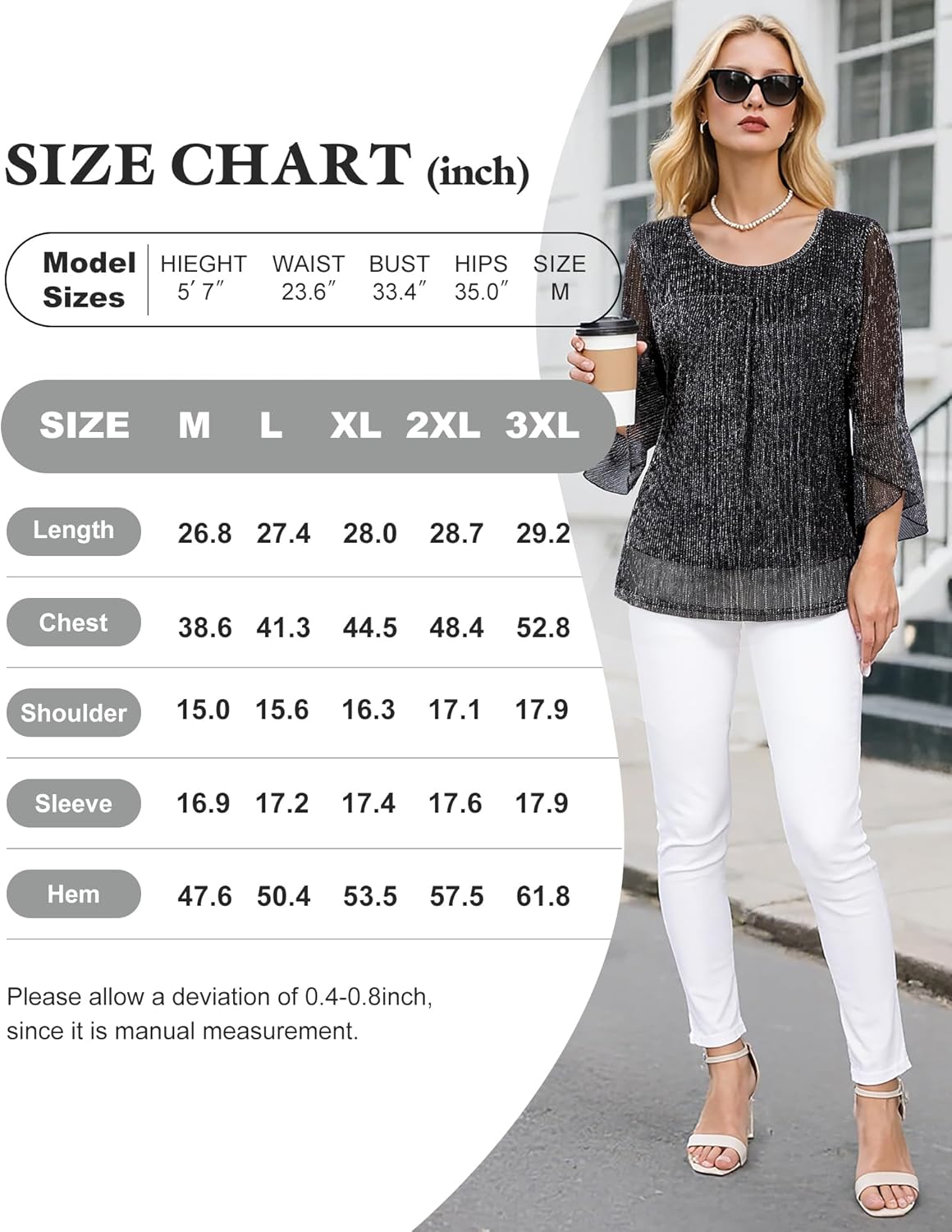 Bebonnie Women's Ruffle 3/4 Sleeve Elegant Dressy Blouses Crew Neck Double Layers Mesh Tunic Tops