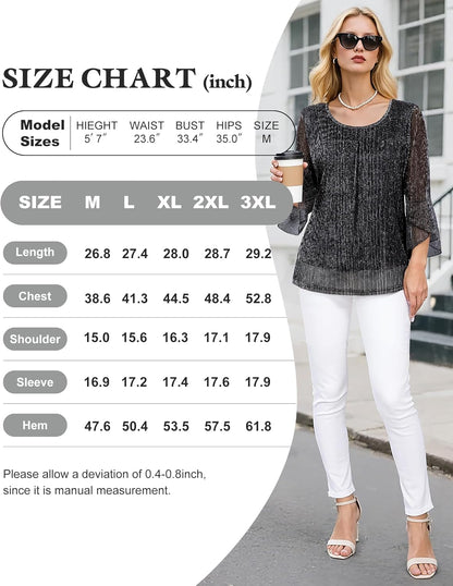 Bebonnie Women's Ruffle 3/4 Sleeve Elegant Dressy Blouses Crew Neck Double Layers Mesh Tunic Tops