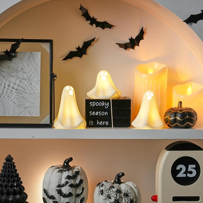 Ceramic Ghost Decor, 3Pcs Light Up Ghosts for Indoor Halloween Decorations, Battery Powered White Mini Ghost Figurines with LED for Spooky Halloween, Home Tabletop Shelf Centerpieces