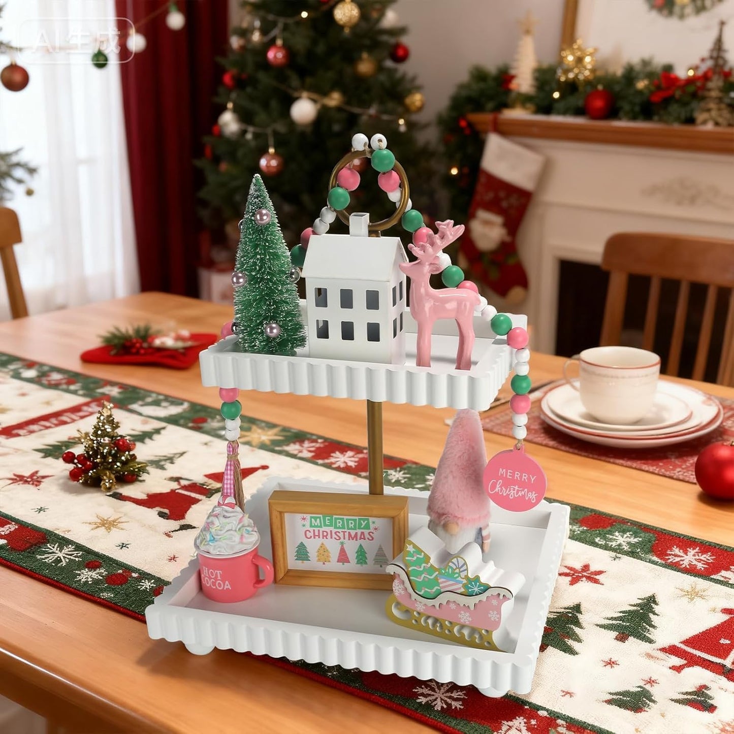 Pink Christmas Decorations 8 PCS Tiered Tray Decor Set, Cute Girlie Tabletop Christmas Decor for Home Shelf Mantel Fireplace Office Desk Coffee Bar Pastel Xmas Holiday Table Centerpieces Tray Objects