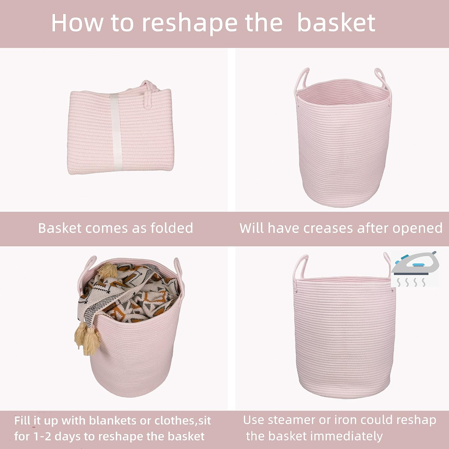 Cotton Rope Laundry Basket Hamper for Girls Kids Baby Nursery Hamper Bin Woven Storage Basket for Living Room Girls room Boho Tall Rope Baskets for Blanket Toys Large light pink