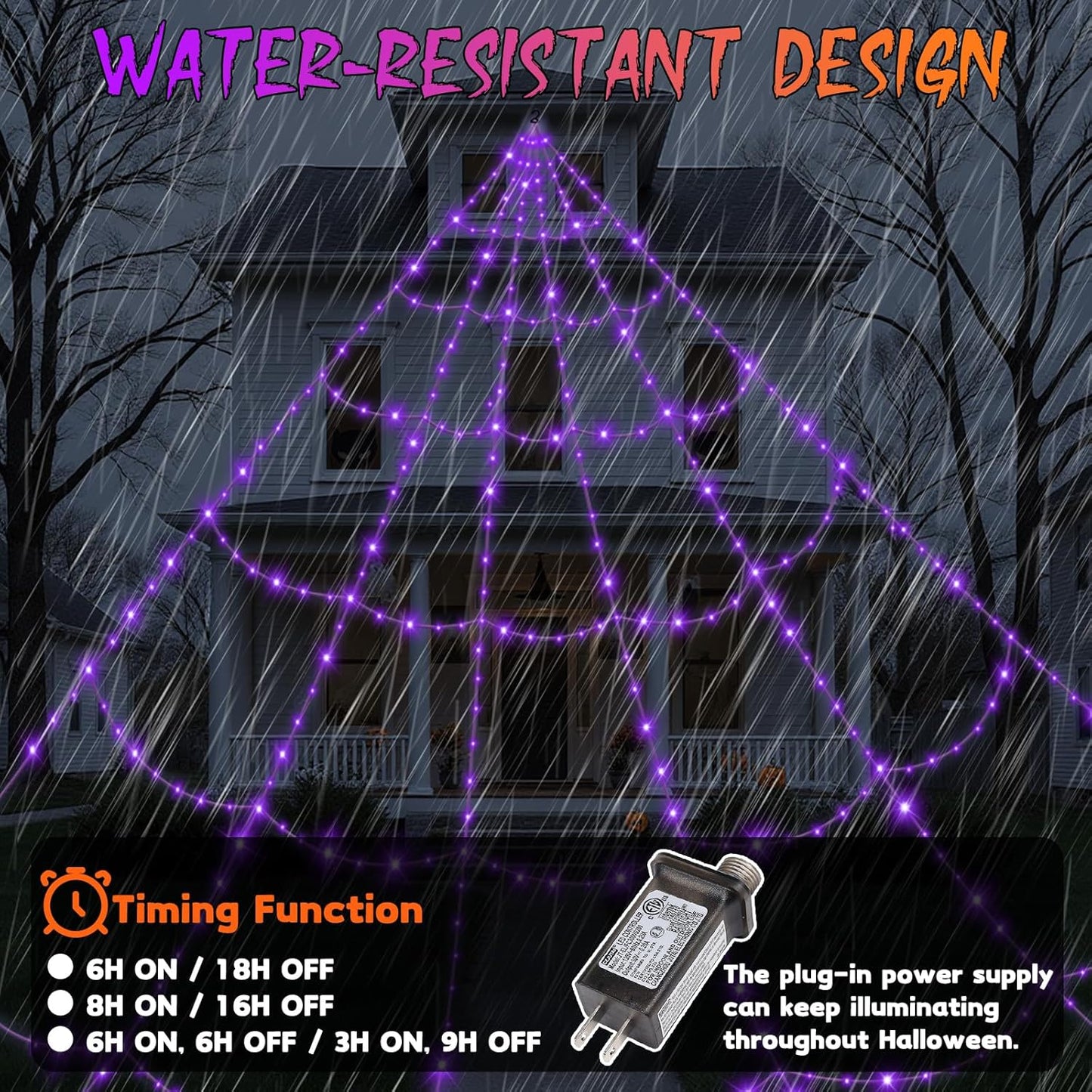 Halloween Decorations Outdoor Spider Web Lights - 550 LEDs Purple and Orange Remote Control Timer Plug in Giant Halloween Decor Cobwebs - 11 Modes Lighting Waterproof Yard Garden Party Decorations