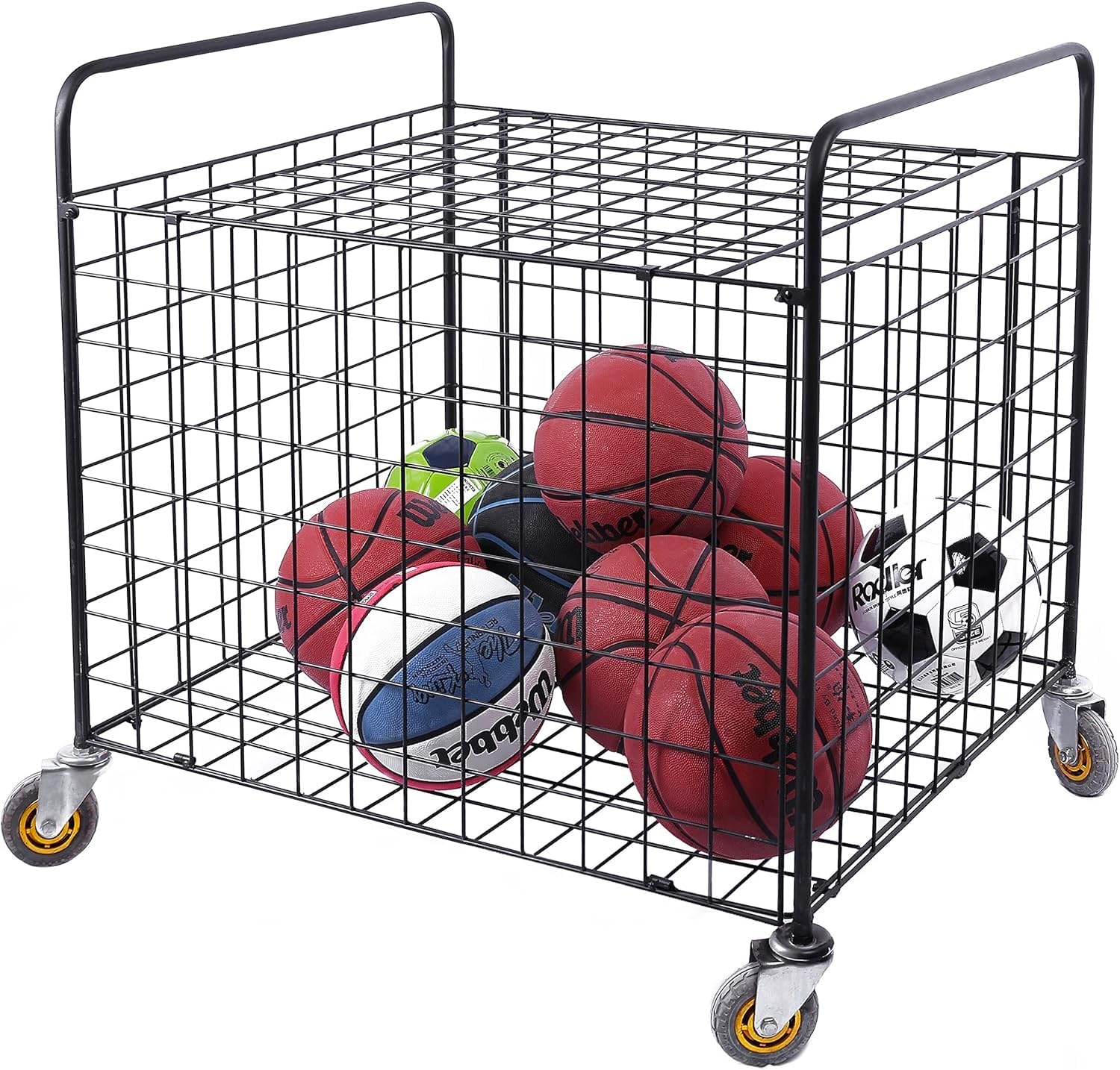 MyGift Professional Gym Metal Multi Sports Ball Storage Cart with Jumbo Industrial Wheels, Commercial Grade Portable Equipment Locker Cage for Basketball, Football, Soccer, Volleyball