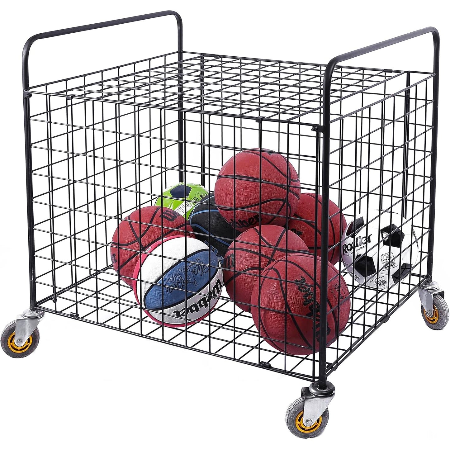 MyGift Professional Gym Metal Multi Sports Ball Storage Cart with Jumbo Industrial Wheels, Commercial Grade Portable Equipment Locker Cage for Basketball, Football, Soccer, Volleyball