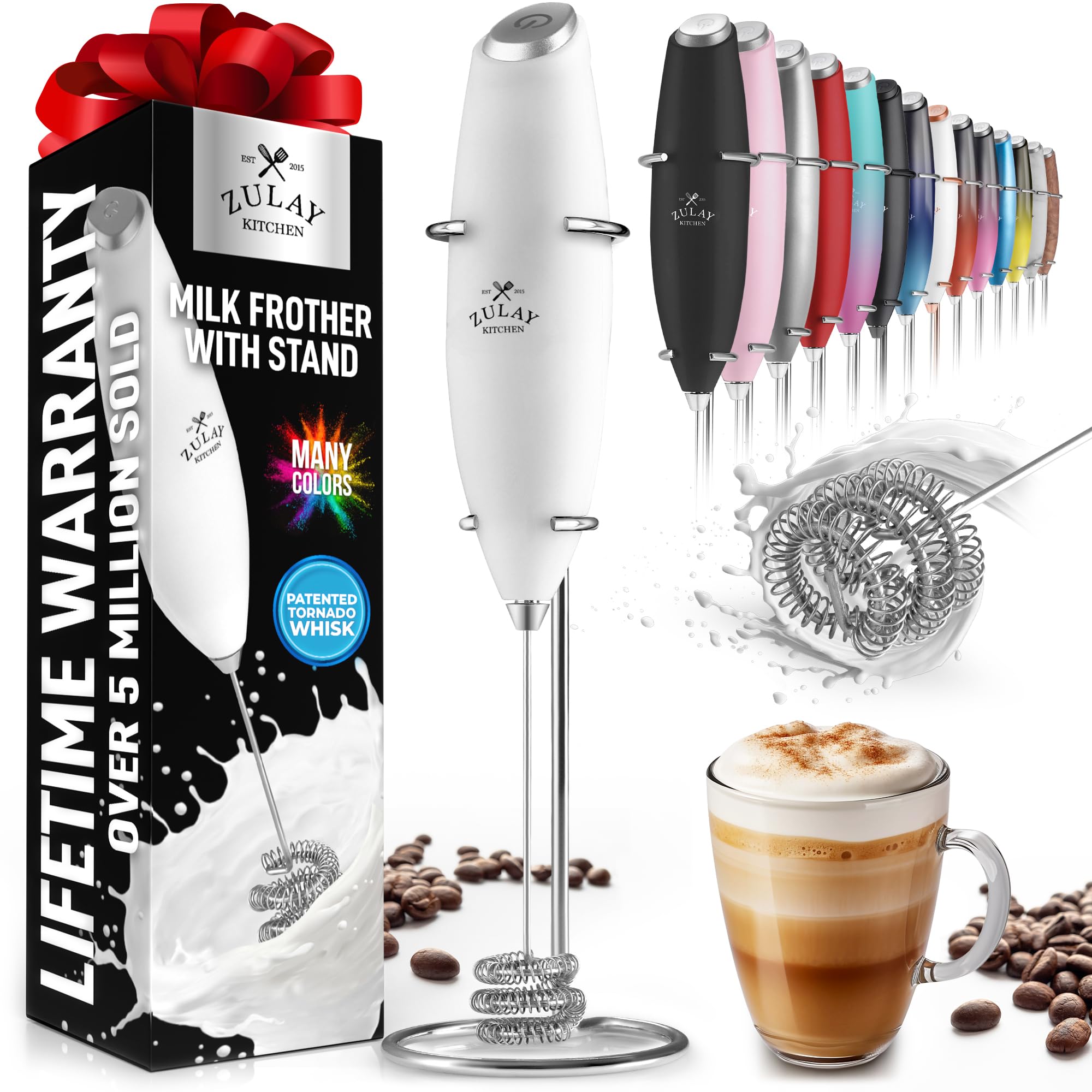 Zulay Kitchen Powerful Milk Frother Wand With 2 Duracell Batteries - Ultra Fast Handheld Drink Mixer - Electric Whisk Foam Maker for Coffee, Lattes, Cappuccino, Matcha, Hot Chocolate & Creamer - Black