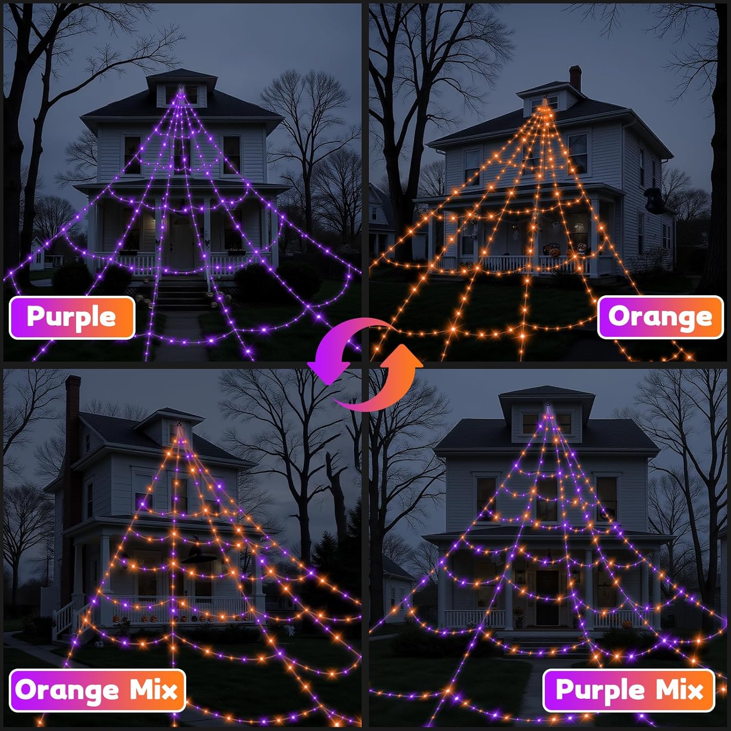 Halloween Decorations Outdoor Spider Web Lights - 550 LEDs Purple and Orange Remote Control Timer Plug in Giant Halloween Decor Cobwebs - 11 Modes Lighting Waterproof Yard Garden Party Decorations