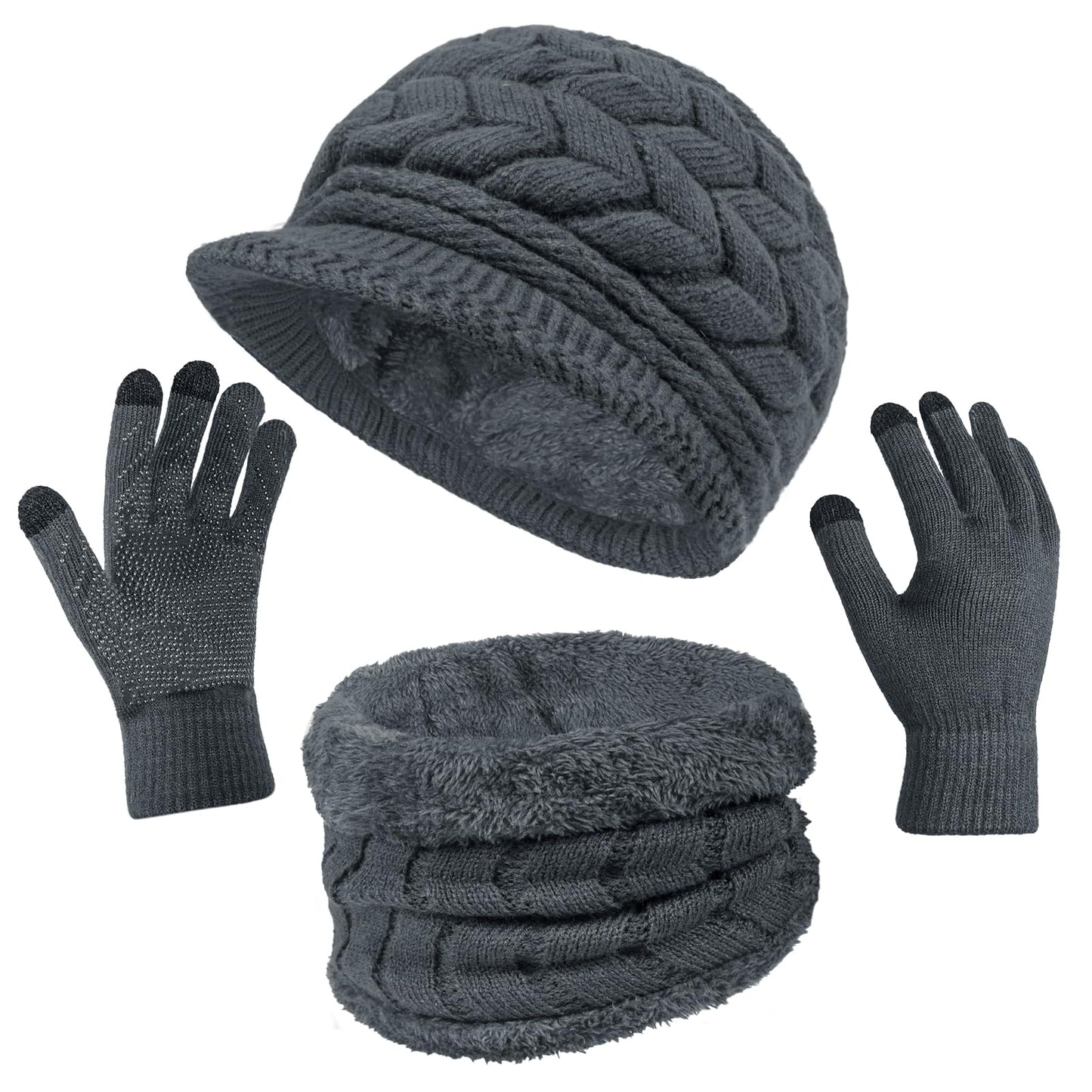 3-Pieces Winter Hat Gloves Scarf Set, Knit Warm Beanie Hat Neck Warmer Touch Screen Mittens for Women