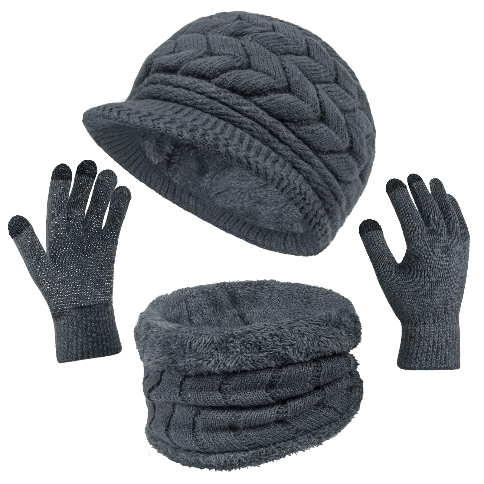 3-Pieces Winter Hat Gloves Scarf Set, Knit Warm Beanie Hat Neck Warmer Touch Screen Mittens for Women