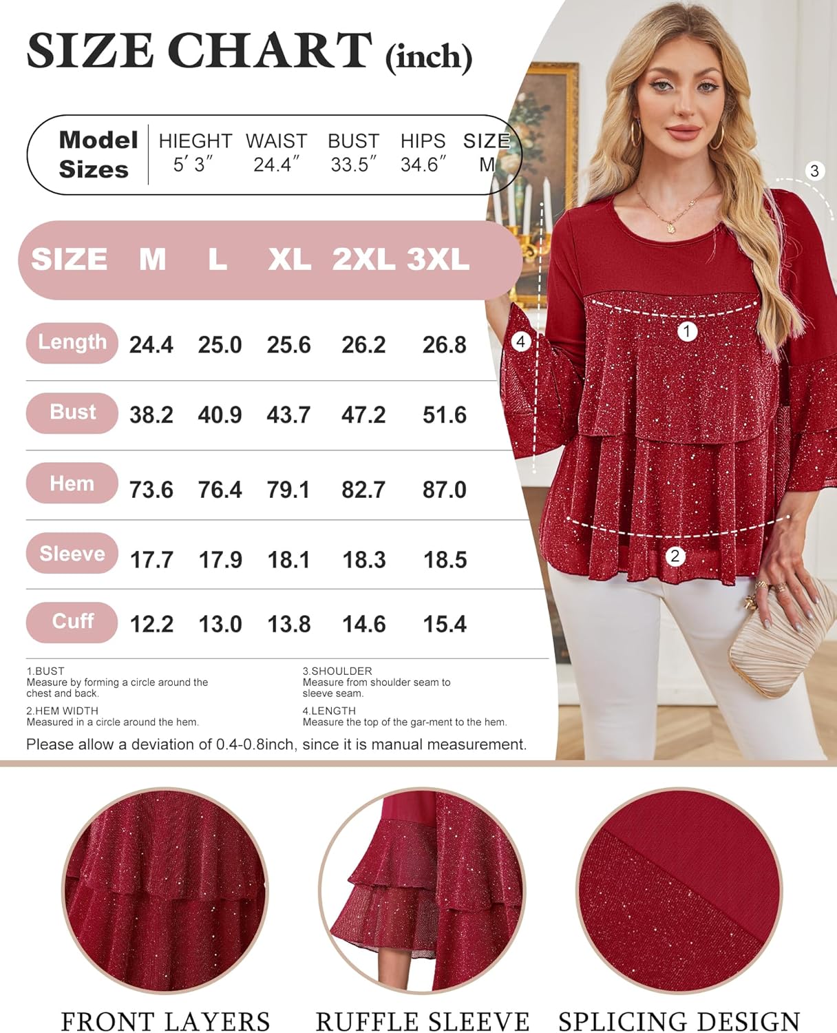 Bebonnie Womens Dressy Sparkly Tops 3/4 Sleeve Ruffles Elegant Evening Flowy Blouse