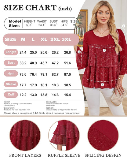 Bebonnie Womens Dressy Sparkly Tops 3/4 Sleeve Ruffles Elegant Evening Flowy Blouse
