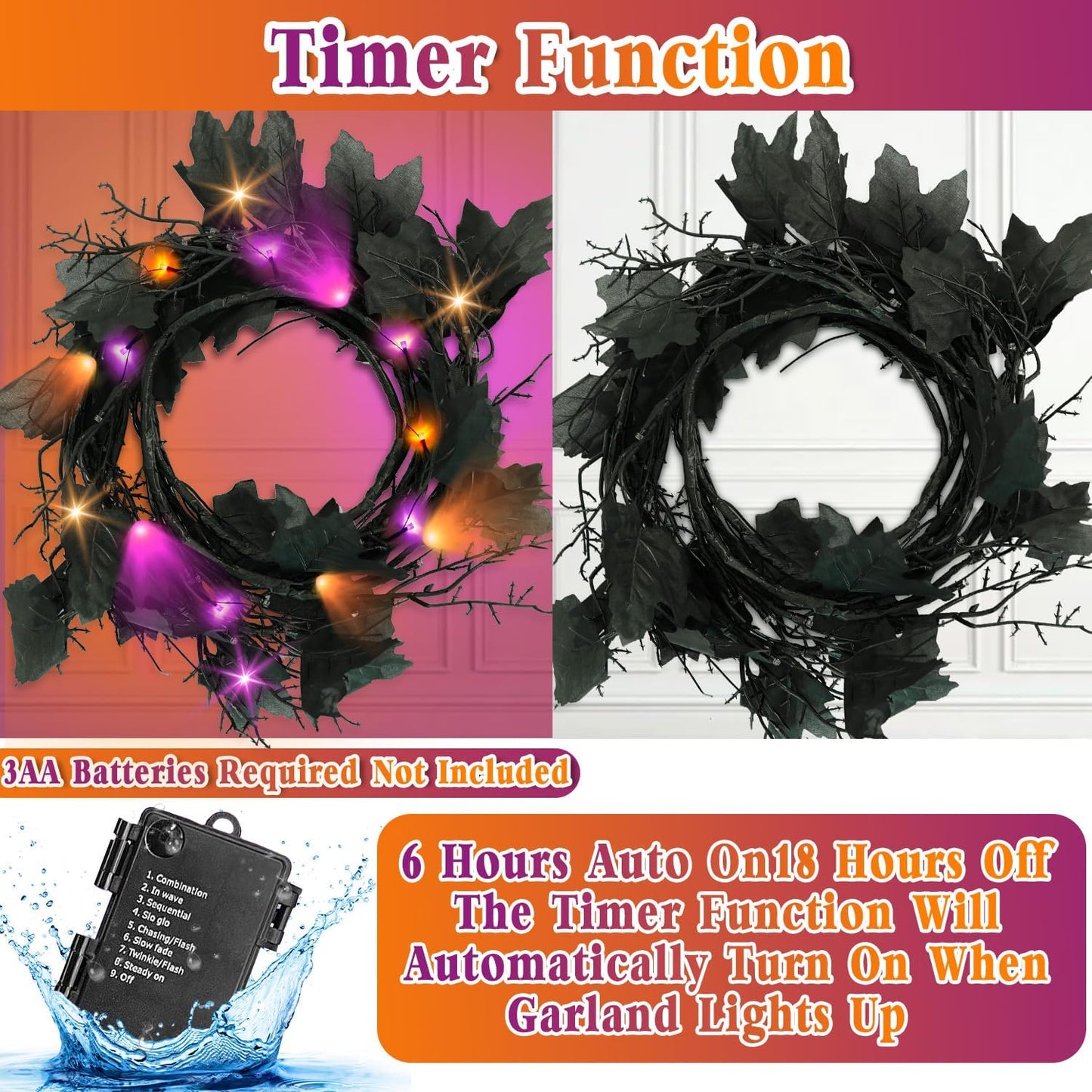 9 FT 72 LED Halloween Decorations Willow Vine Twig Decor with Orange Purple Lights and Dead Branches Black Leaves -Battery Operated 8 Modes for Indoor Wall Fireplace Halloween Decorations