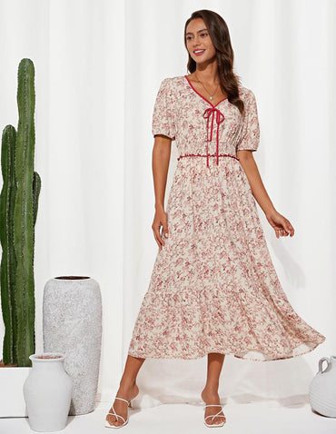 GRACE KARIN 2025 Women's Summer Floral Flowy A Line Midi Dresses Elegant Short Sleeve Smocked V-Neck Tiered Dresses