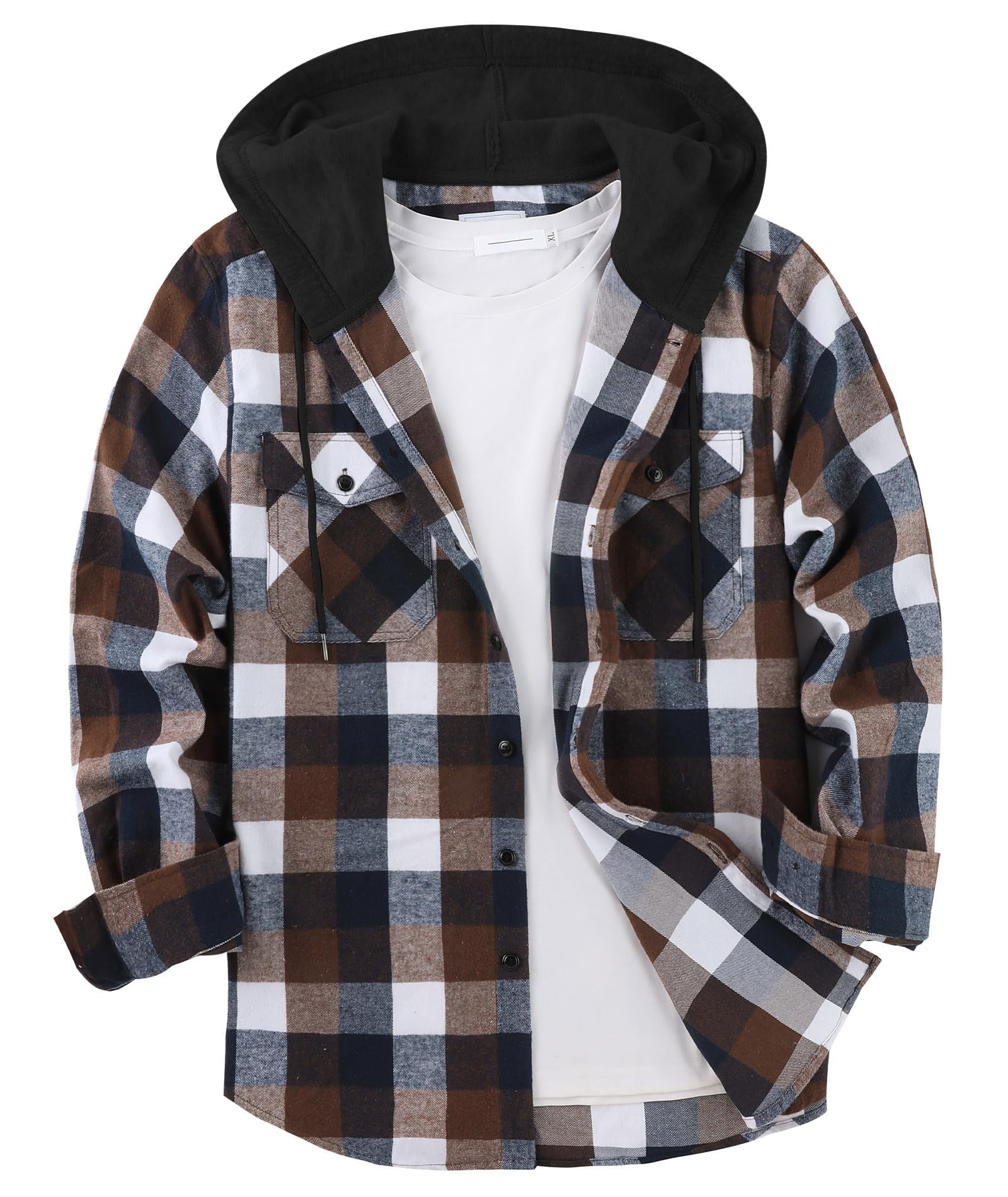 ZITY Men's Flannel Hoodie Shirts Casual Button Down Plaid Shirt Jackets for Men Long Sleeve Stylish Hooded with Pocket
