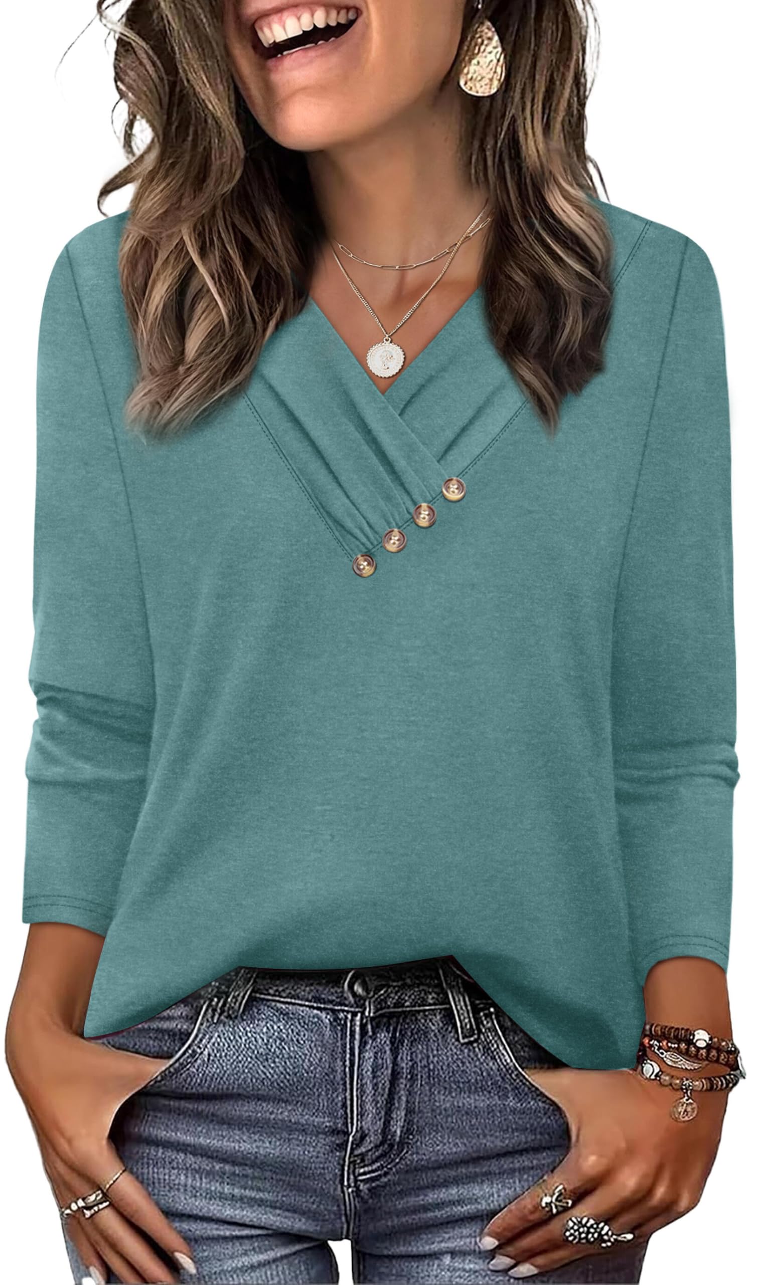 WIHOLL Long Sleeve Shirts for Women Fall Outfits V Neck T Shirts Button Down Tunic Tops Fashion Clothing