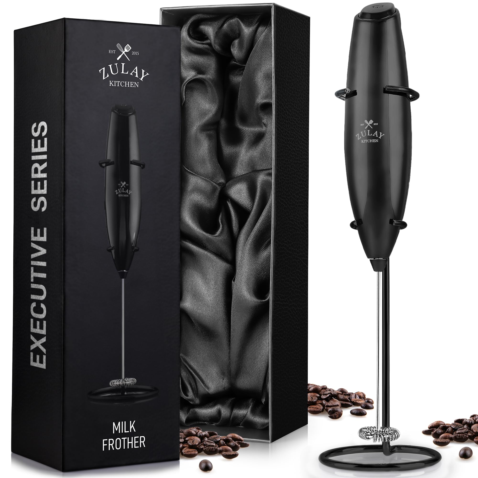 Zulay Kitchen Powerful Milk Frother Wand With 2 Duracell Batteries - Ultra Fast Handheld Drink Mixer - Electric Whisk Foam Maker for Coffee, Lattes, Cappuccino, Matcha, Hot Chocolate & Creamer - Black