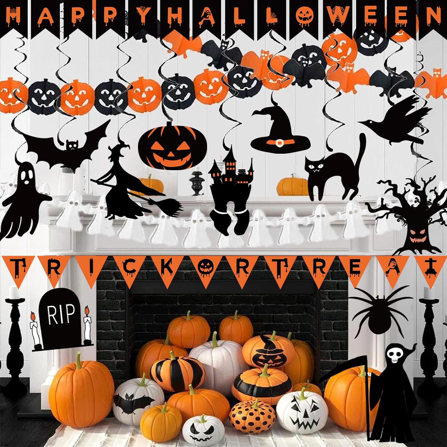 Halloween Decorations Indoor Party Decor, HAPPY HALLOWEEN Accessories with TRICK OR TREAT Banner, 3 PCS Large Garland Bat Ghost Pumpkin, Hanging Party Supplies Backdrop for Home Office Classroom