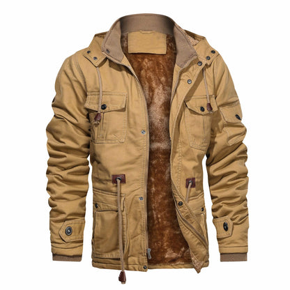 CHEXPEL Men's Thick Winter Jackets with Hood, Fleece Lining, Cotton Military Work Jackets with Cargo Pockets, Outwear