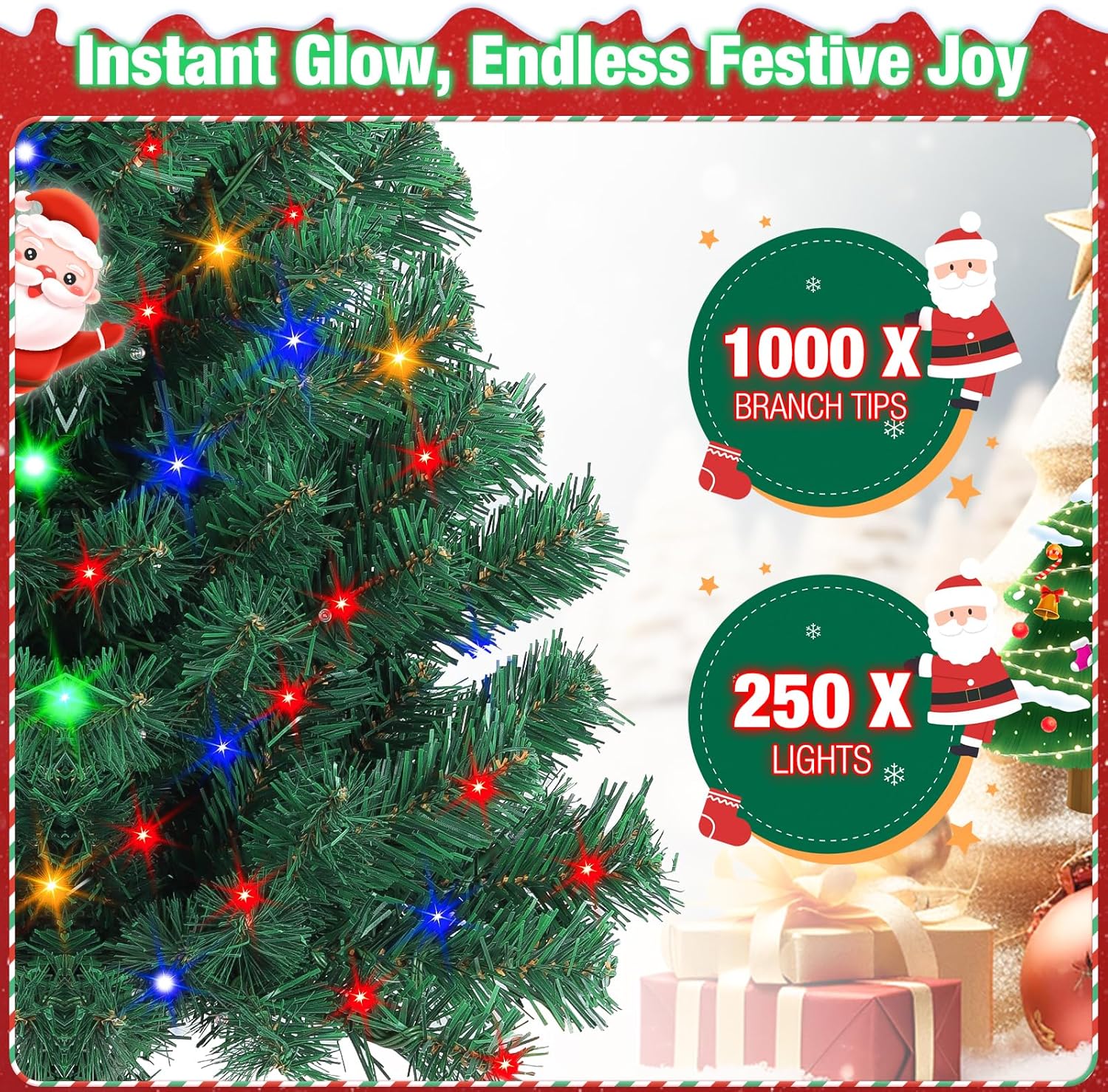 Prelit Christmas Tree 6ft with Remote Control, 8 Light-Modes Artificial Christmas Trees with Lights, Xmas Tree with 1000 Thick Branch Tips & 250 Lights, Easy Assembly Holiday Décor for Home