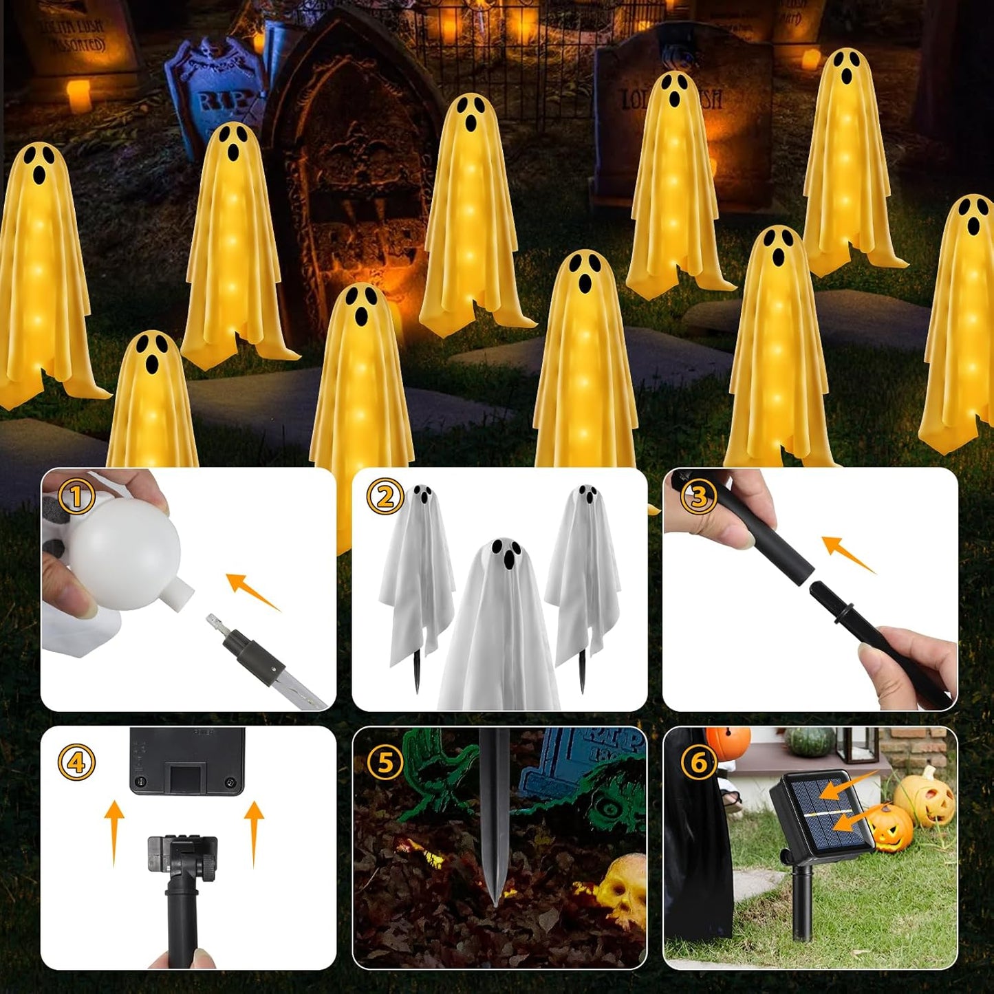6PACKS Halloween Decorations Outdoor Solar Ghost Lights,Scary Ghost Decor with Spooky Party Gifts,Solar Halloween Path Lights for Front Porch/Yard/Garden/Home/Ghost Party Decor Warm White