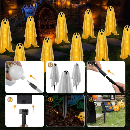 6PACKS Halloween Decorations Outdoor Solar Ghost Lights,Scary Ghost Decor with Spooky Party Gifts,Solar Halloween Path Lights for Front Porch/Yard/Garden/Home/Ghost Party Decor Warm White