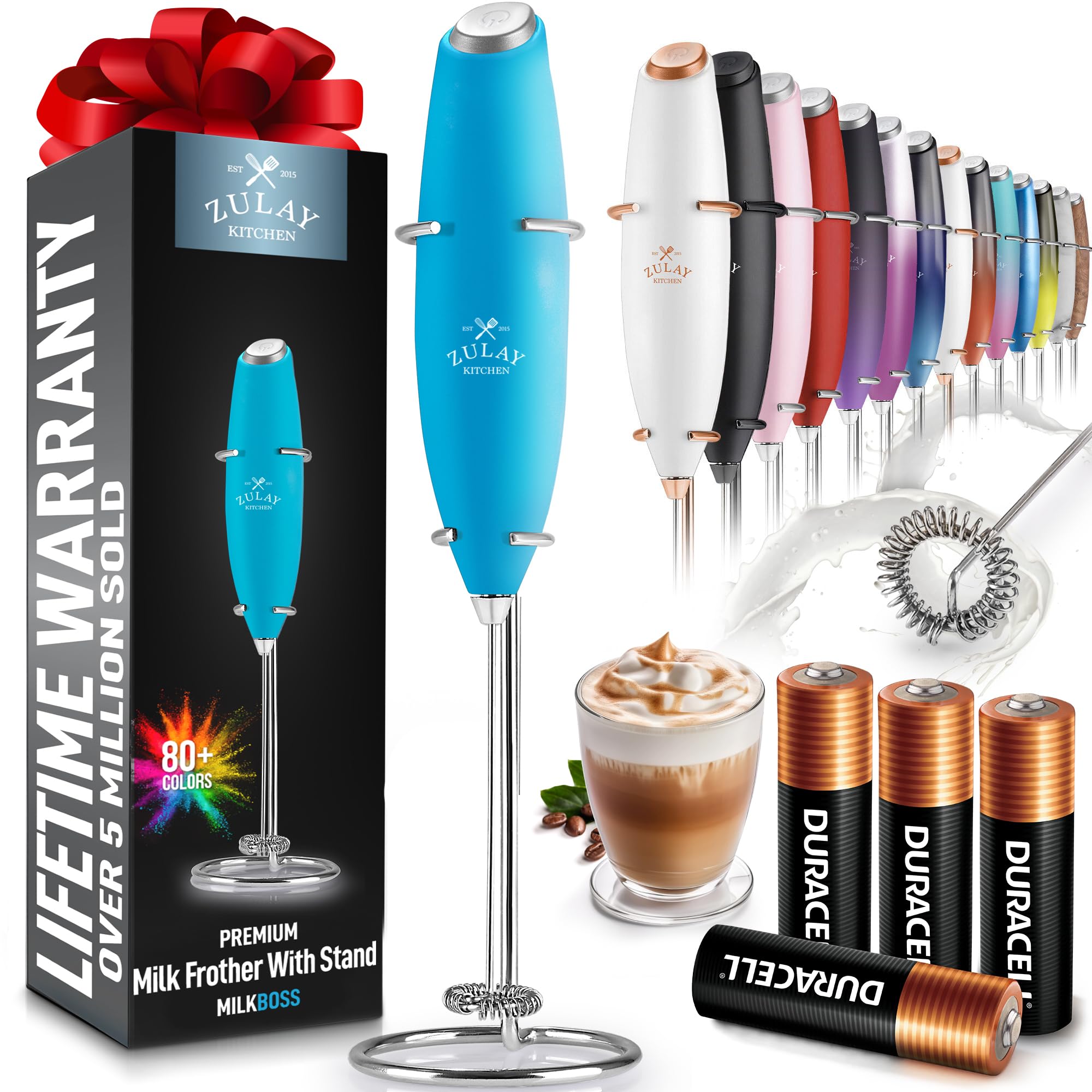 Zulay Kitchen Powerful Milk Frother Wand With 2 Duracell Batteries - Ultra Fast Handheld Drink Mixer - Electric Whisk Foam Maker for Coffee, Lattes, Cappuccino, Matcha, Hot Chocolate & Creamer - Black