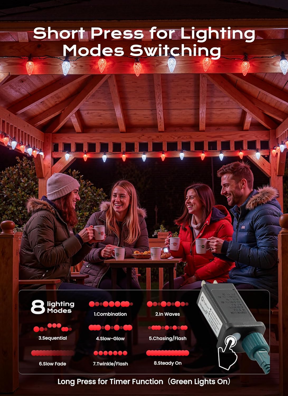 C9 Christmas Lights Outdoor, 66 FT 100 LED Connectable C9 String Lights with 8 Modes and Timer Xmas Tree Patio Roofline Garden Yard Holiday Party Indoor Outdoor Decoration, Red and White