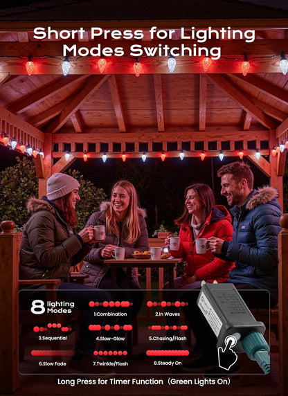 C9 Christmas Lights Outdoor, 66 FT 100 LED Connectable C9 String Lights with 8 Modes and Timer Xmas Tree Patio Roofline Garden Yard Holiday Party Indoor Outdoor Decoration, Red and White