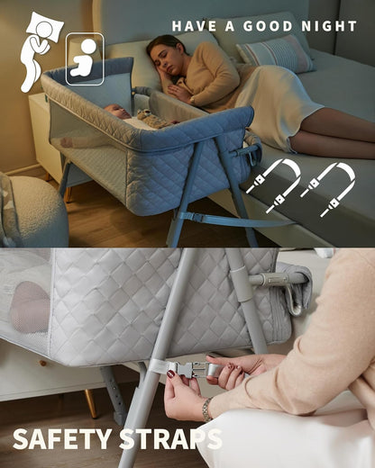 AirClub Bassinet Bedside Sleeper, Baby Crib for Newborn, Baby Bassinets Bedside Sleeper with 4 Auto-Lock & Adjustable Height, Breathable Mesh & Mattress, Bedside Bassinet