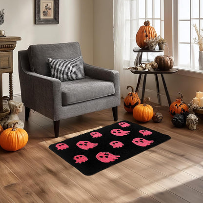 Black Halloween Bath Mat – Cute Ghost Decor Mat Non-Slip Black Bathroom Rug Soft Spooky Bath Rug for Shower, Bedroom, Living Room
