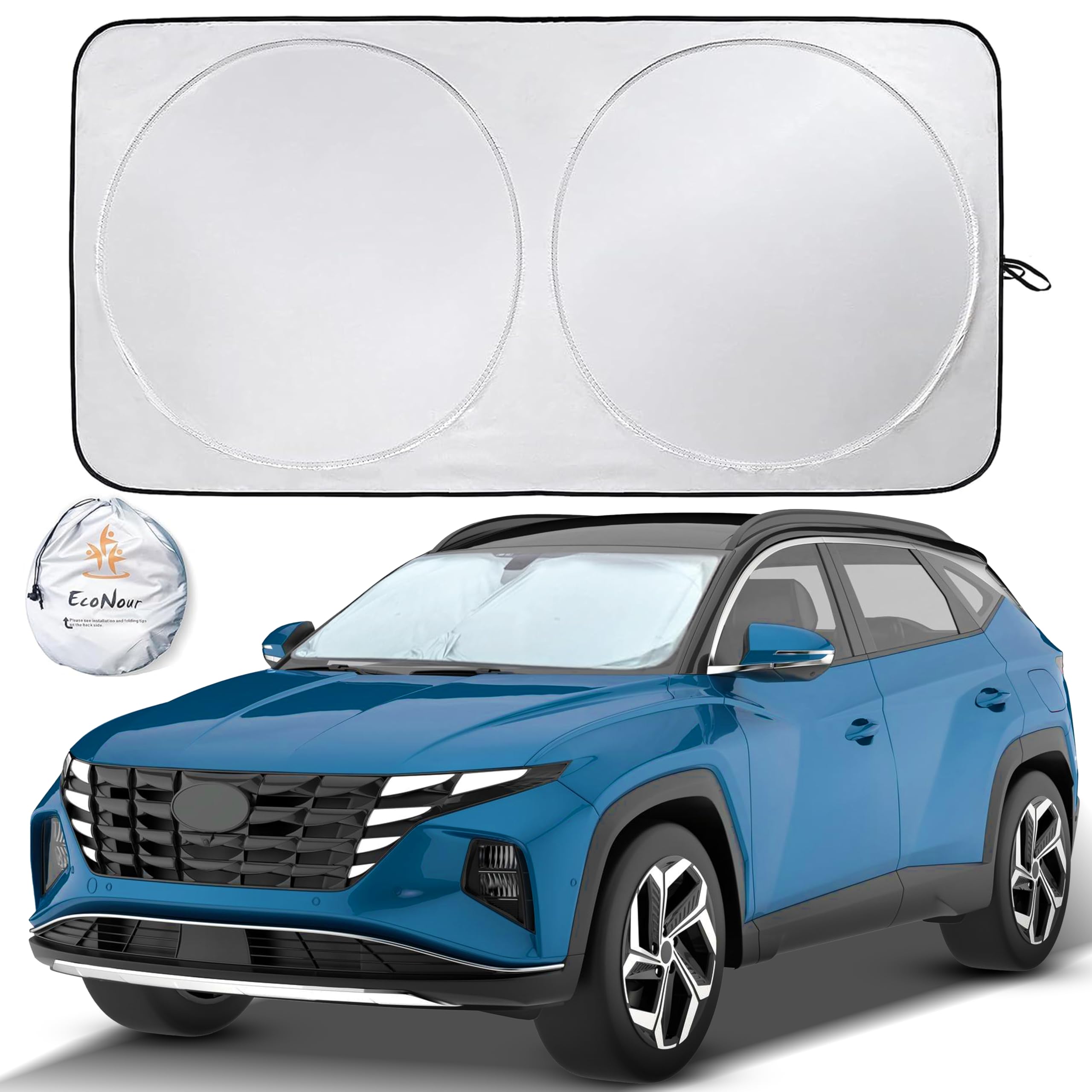 EcoNour Car Windshield Sunshade | Blocks 99% Heat & Keeps Interior Cool | Universal Fits Cars, SUVs, Trucks | Automotive Sun Screen, Visor & Car Accessories for Summer | Medium (64x32 Inches)