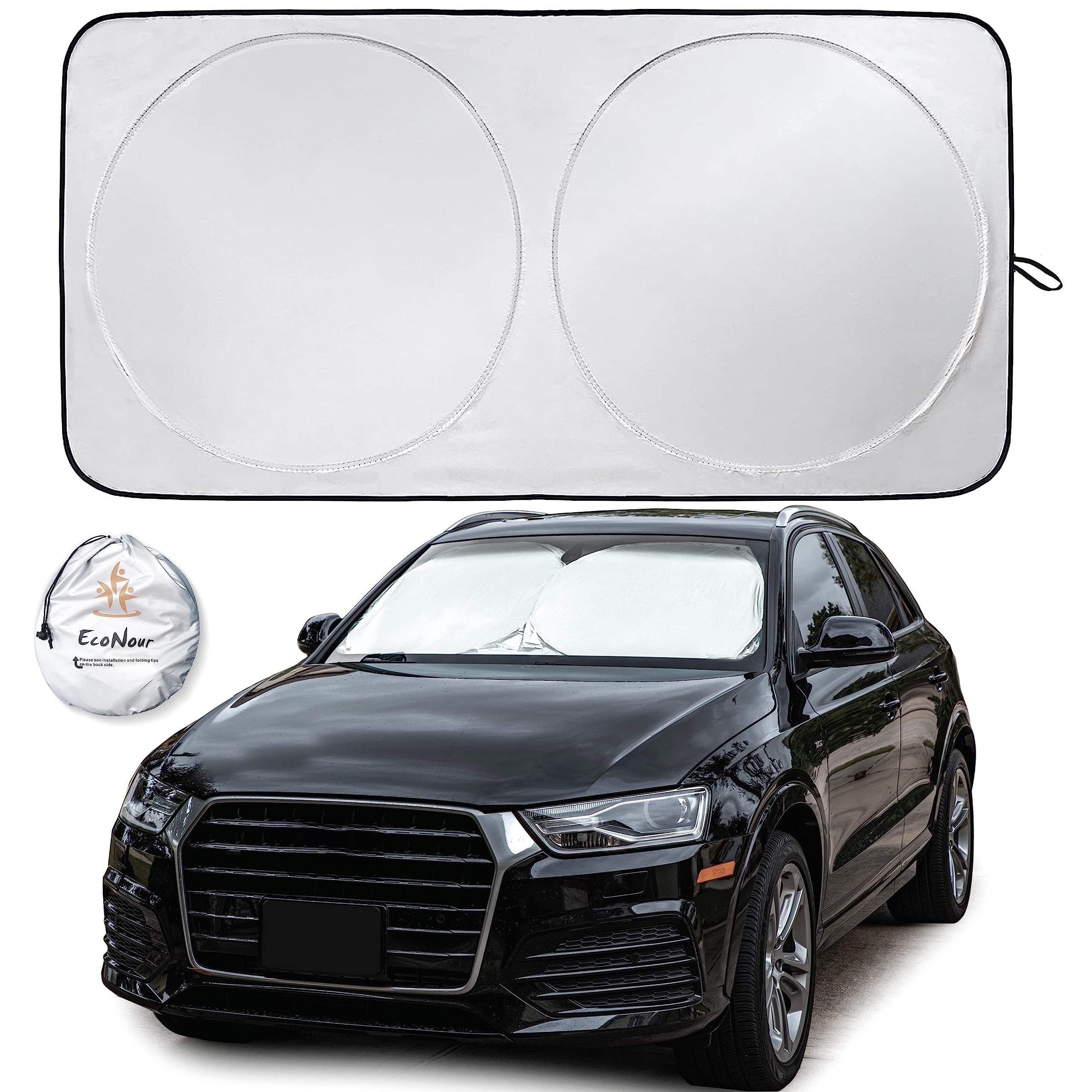 EcoNour Car Windshield Sunshade | Blocks 99% Heat & Keeps Interior Cool | Universal Fits Cars, SUVs, Trucks | Automotive Sun Screen, Visor & Car Accessories for Summer | Medium (64x32 Inches)
