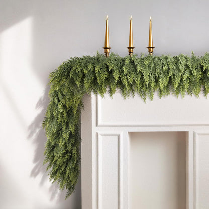 9ft Christmas Cedar Garland with Soft Thickness Pine, Artificial Green Faux Cedar Pine Garland for Mantle Fireplace Indoor Outdoor Holiday Party Home Decoration（2 Pcs）