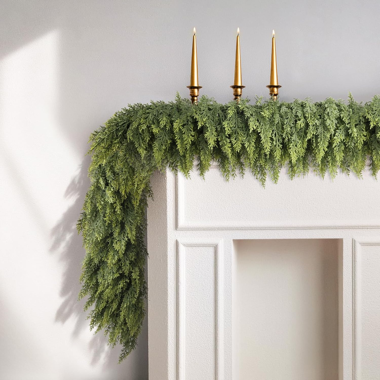 9ft Christmas Cedar Garland with Soft Thickness Pine, Artificial Green Faux Cedar Pine Garland for Mantle Fireplace Indoor Outdoor Holiday Party Home Decoration（2 Pcs）