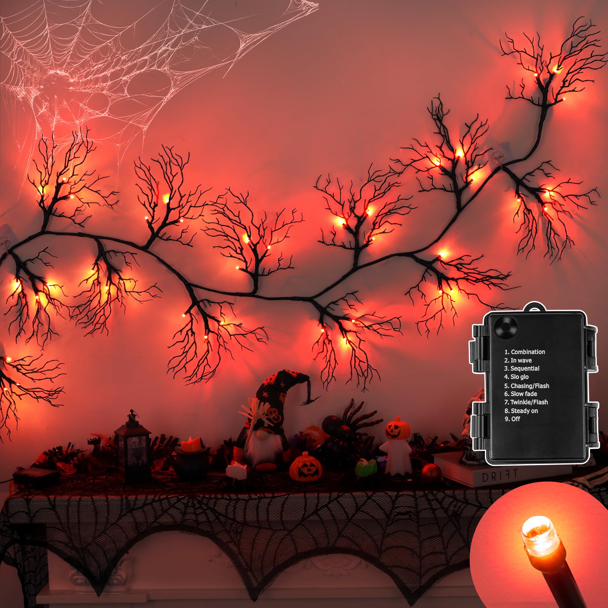 9 FT 66 LED Halloween Black Garland Willow Vine Twig Decor with Orange & Purple Light, 8 Modes & Timer Battery Operated Waterproof Halloween Decorations Indoor for Mantle Fireplace Home Party Decor