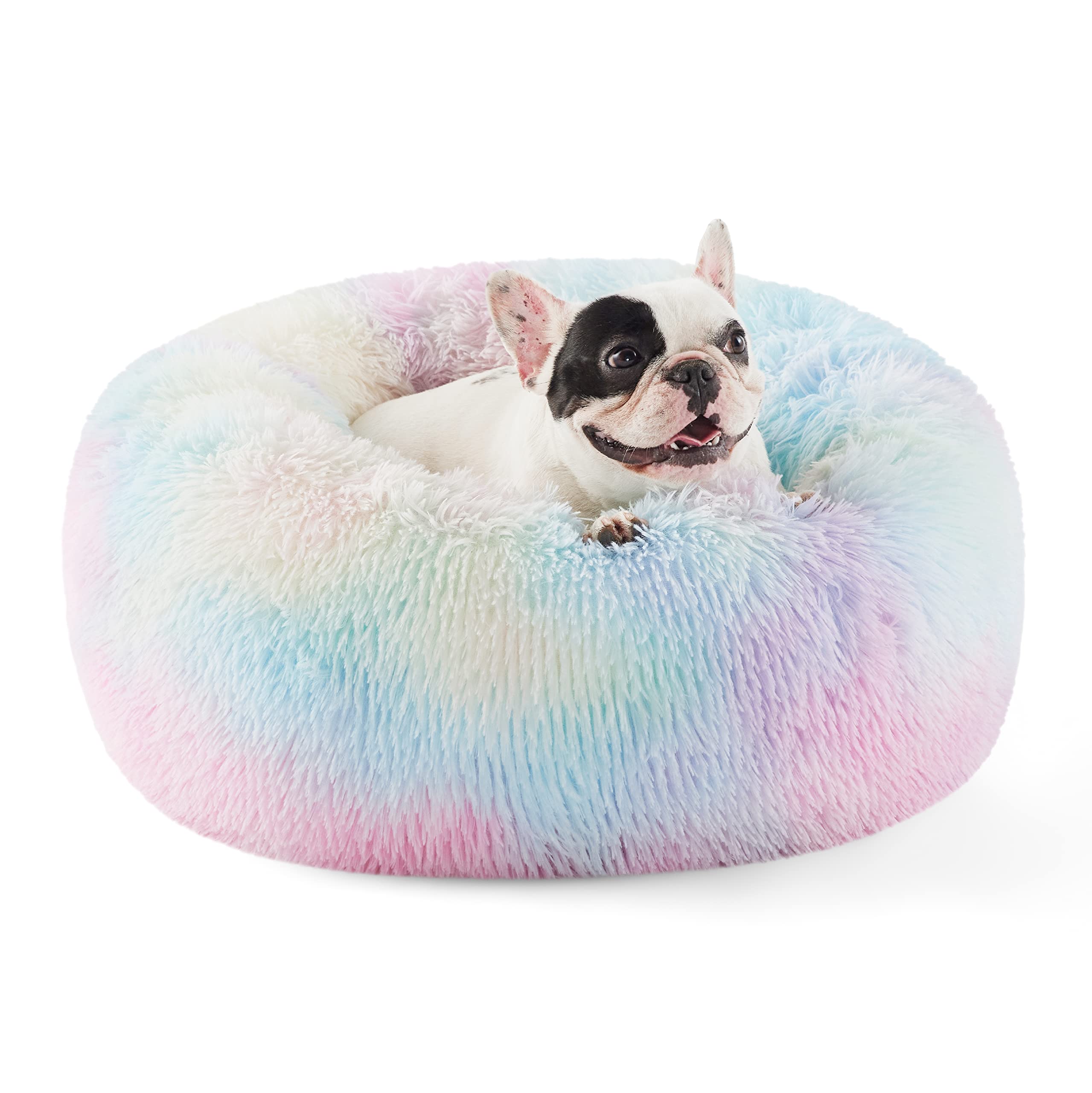 Bedsure Calming Dog Bed for Small Dogs - Donut Washable Small Pet Bed, 23 inches Anti-Slip Round Fluffy Plush Faux Fur Large Cat Bed, Fits up to 25 lbs Pets, Camel