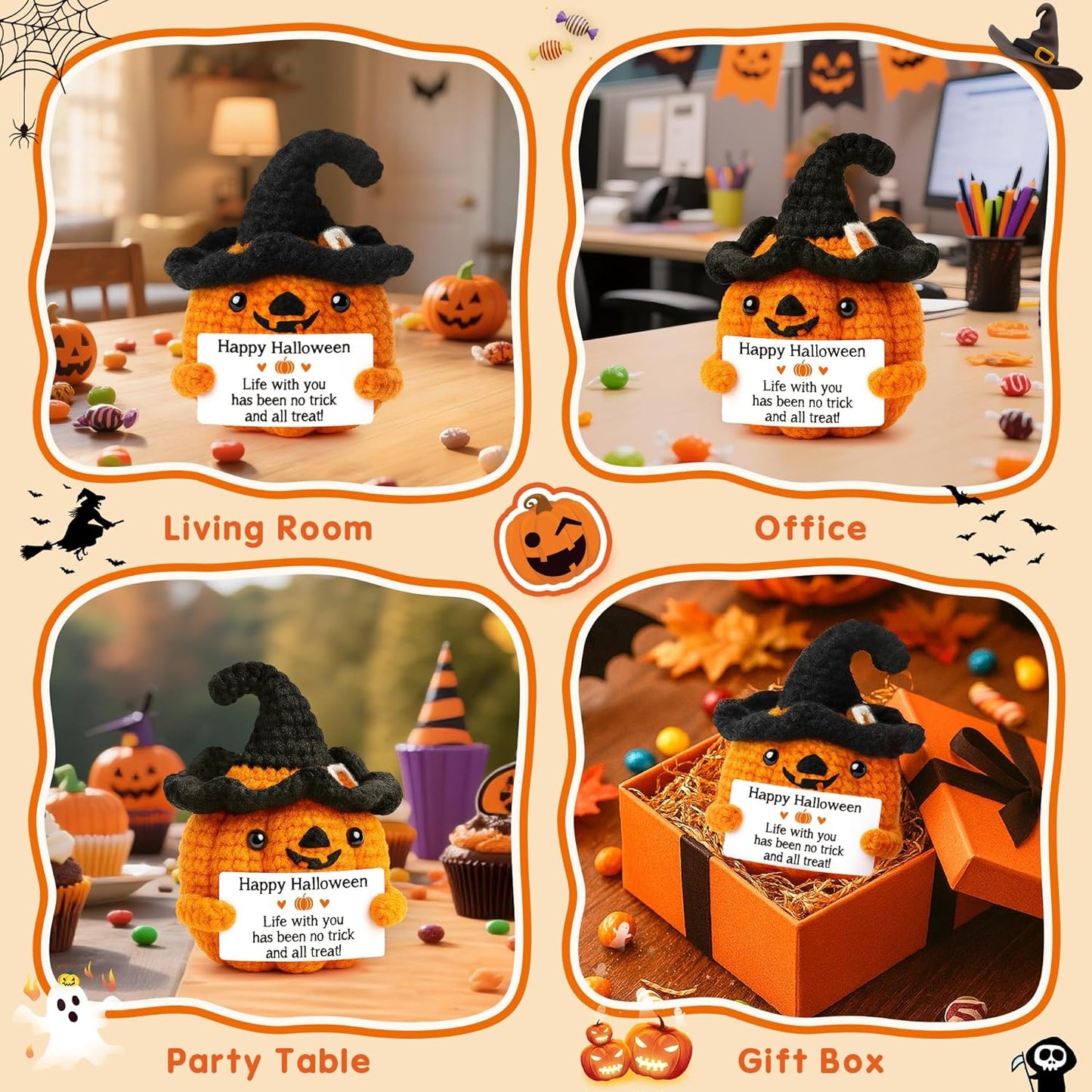 BdayPtion Mini Pumpkin Halloween Boo Basket Stuffers Gifts for Kid Women Men Spooky Halloween Decorations Indoor Gifts for Teen Girl Boy, Thanksgiving Decorations, Handmade Crochet Pumpkin Decor