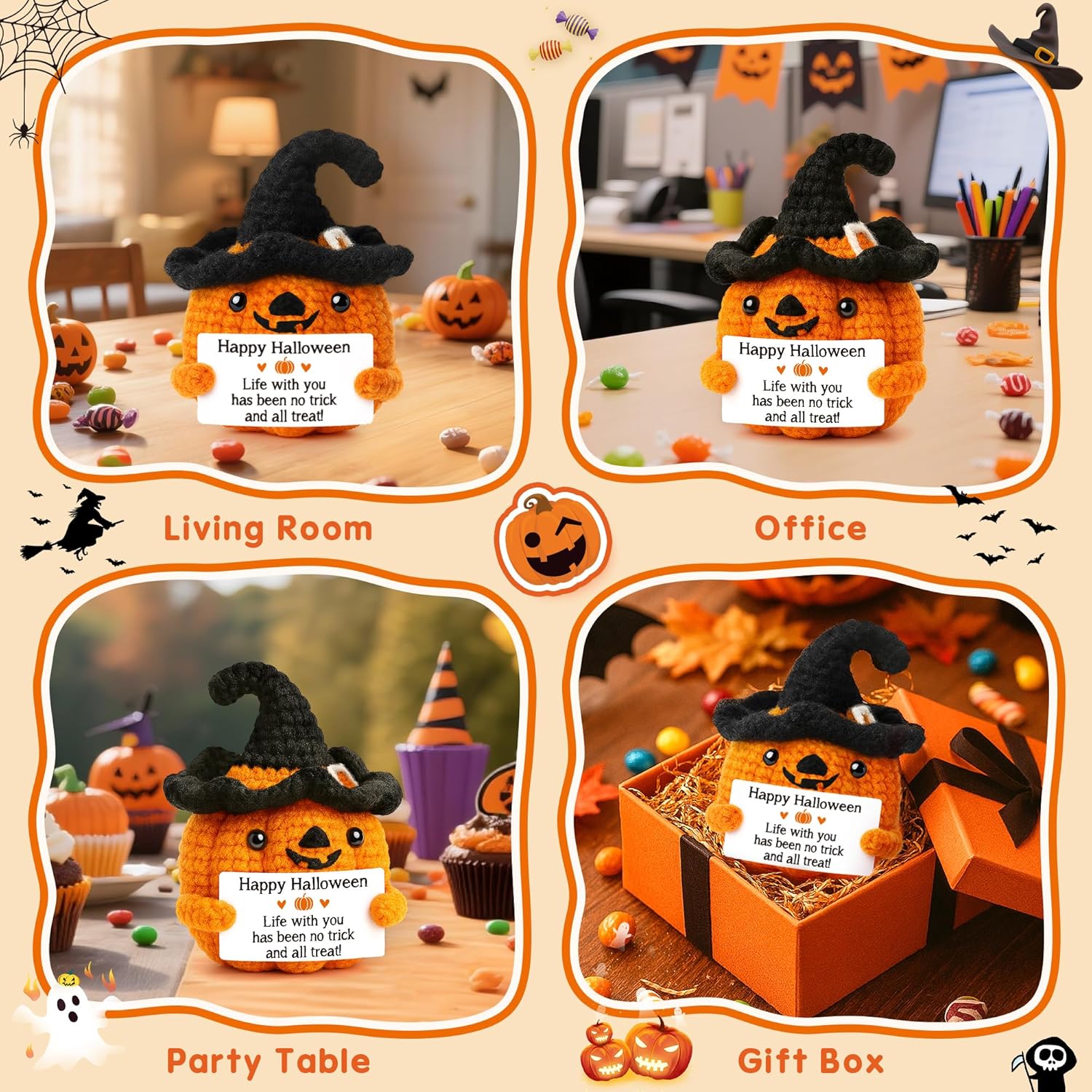 BdayPtion Mini Pumpkin Halloween Boo Basket Stuffers Gifts for Kid Women Men Spooky Halloween Decorations Indoor Gifts for Teen Girl Boy, Thanksgiving Decorations, Handmade Crochet Pumpkin Decor