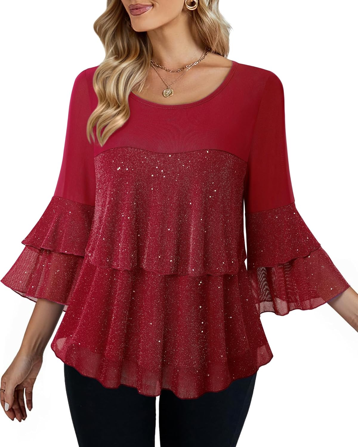 Bebonnie Womens Dressy Sparkly Tops 3/4 Sleeve Ruffles Elegant Evening Flowy Blouse