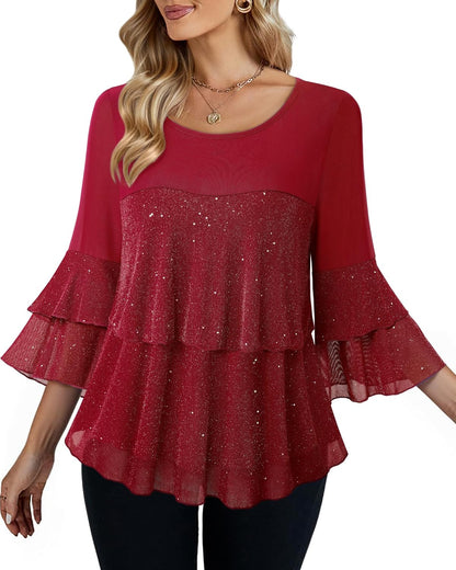 Bebonnie Womens Dressy Sparkly Tops 3/4 Sleeve Ruffles Elegant Evening Flowy Blouse